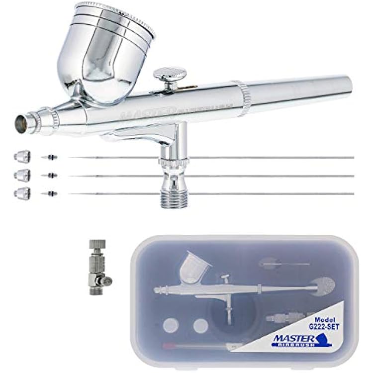 Master Airbrush G222 Multi-Purpose Dual-Action Gravity Feed Airbrush Gun Set for Model Painting, Graphics, Cake & Fine Art - Air Brush Gun Kit with 3 Nozzle Sets 0.2, 0.3, 0.5mm & 13 oz Cup
