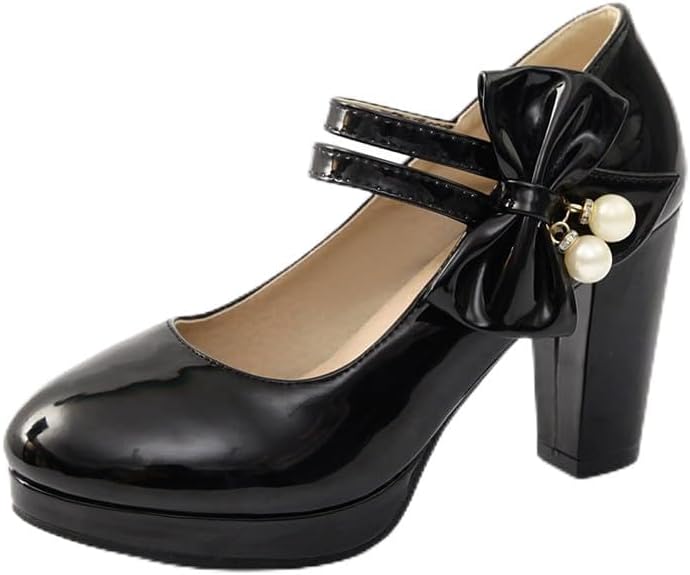 ForeMode Bow Mary Jane Shoes High Heels Closed Round Toe Pumps Leather Summer Sweet Shoe