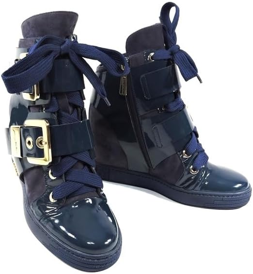 Baldinini Women's Navy Blue Wedge Sneaker Boots, Patent Leather & Suede, Gold Buckle Details