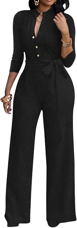 LalaLin Sexy 3/4 Sleeve Jumpsuit for Women V Neck High Waisted Long Wide Leg Pant Button Down Party Romper with Belt Black