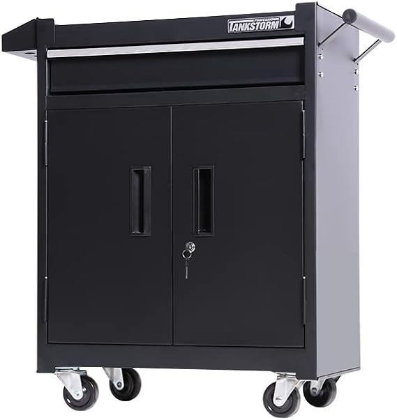 1 Drawer Tool Chest Heavy Duty Cart Steel Rolling Tool Box with Lockable Doors (TZ8 Black)