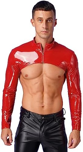 easyforever Men's Wet Look Faux Leather Long Sleeve Crop Top Latex Zipper Half Jacket Clubwear