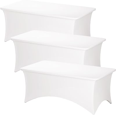Fixwal 3 Pack Pearl White Table Cloths Rectangle 6FT, Tablecloths Rectangular Stretch Spandex Fitted Table Covers 6Ft for Parties, Trade Shows, Banquet, Weddings, Buffet, Graduation Decorations