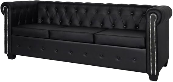 Chesterfield Sofa 3-Seater Artificial Leather Black Couch for Living Room Furniture with Tufted Design and Curved Arms