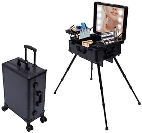 Rolling Cosmetic Organizer w/locks, 22" Makeup Train Case with Mirror & LED Lamp, Professional Rolling Makeup Train Case Cosmetic Trolley Makeup Storage Organizer Cosmetic Organizer Box -Black