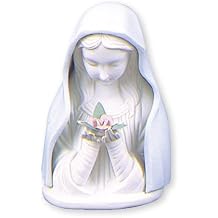 Virgin Mary Statue - 7 1/2" Ceramic Blue & White Porcelain Madonna Bust Statue + Lourdes Prayer Card