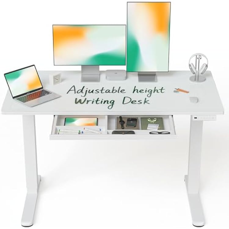 FEZIBO 48x24 inchs Electric Standing Desk - One-Piece Glass Top, Height Adjustable Workstation with 4 Memory Presets, Ergonomic Sit-to-Stand Table for Home Office & Gaming