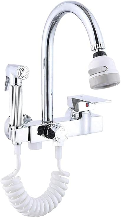 Kitchen Tap Wall Mounted Taps Mixer 360°Rotation with Spray Gun Sink Faucet Bathroom for Kitchen-Chrome-B(OneSize)