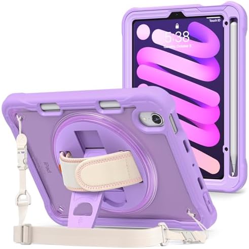 ProCase Rugged Case for iPad mini 7thA17 Pro 2024  6th Generation 8.3 2021, Heavy Duty Shockproof Rugged Cover with Hand Strap 360 Degree Rotatable Kickstand Protective for iPad mini 8.3 -Purple