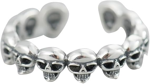 IMINI Gothic Skull Open Ring for Women Girls S925 Sterling Silver Engagement Unique Vintage Stacking Ring Dainty Adjustable Statement Finger Band Knuckle Rings Halloween Jewelry Gifts