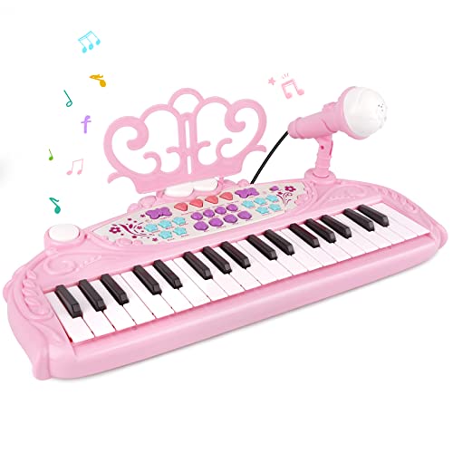 M SANMERSEN Toys for 3 Year Old Girls - Kids Piano Keyboard 37 Keys Piano with Microphone Portable Electronic Keyboards Musical Instrument Educational Toys Birthday Gifts for Girls Age 3-6, Pink