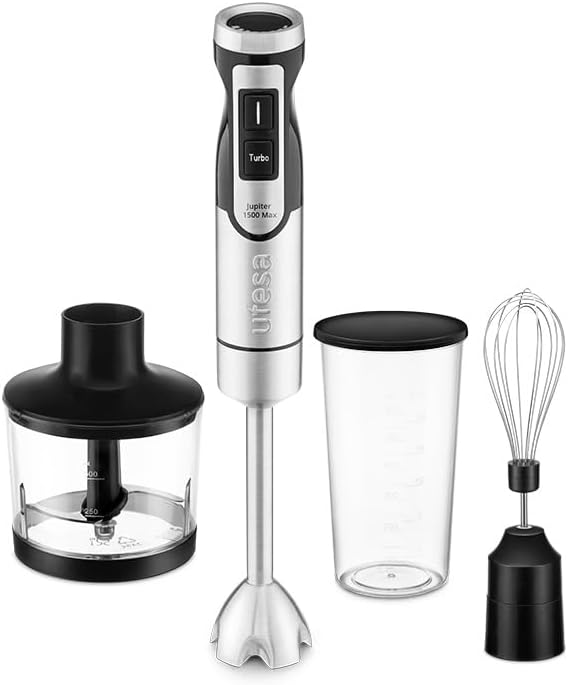 Ufesa Jupiter Max Hand Blender 1500W, Variable Speed Control, LCD Display, Turbo Function, 4 High Efficiency Blades, 500 ml Chopper, Emulsifier Whisk and Measuring Cup 600 ml