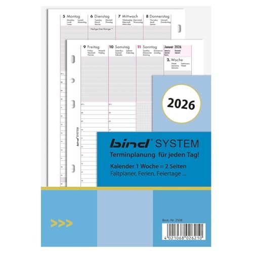 B250826 Calendar Insert for Weekly Calendar A5, Timer Insert for Calendar Year 2026, 1 Week  2 Pages, Appointment Calendar with System, Calendar for Bind System Planner and Standard Time Planner