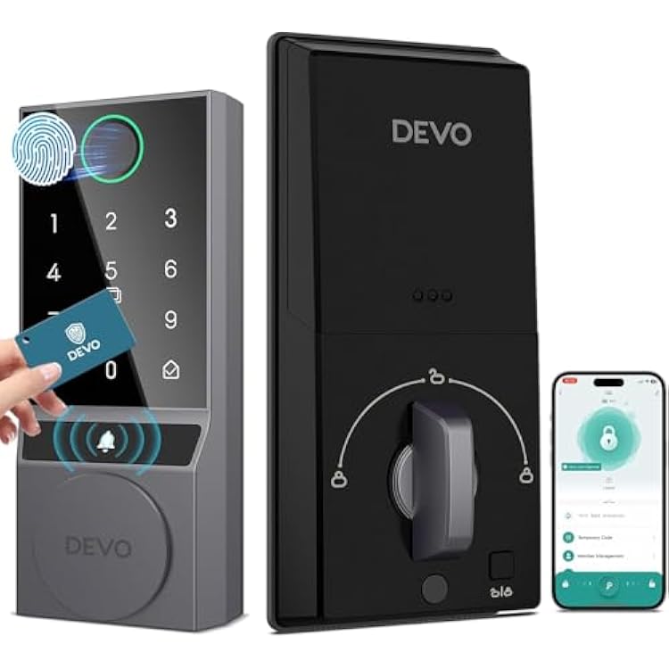 Devo G2 Smart Lock,Finger Print Digtal Smart Locks, Front Door Keyless Entry Door Lock, Bluetooth Smart Deadbolt, App Remote Control,Electronic Touchscreen Keypad Deadbolt, Auto LockGray