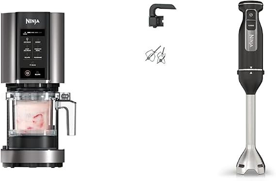 Ninja CREAMi Ice Cream Maker & Frozen Dessert Maker with 3 Tubs, 7 Programs & Foodi 2-in-1 Hand Blender & Hand Mixer, Food Processor with 2 Attachments