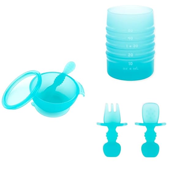Bumkins Baby Bowl, Silicone Feeding Set with Suction for Baby and Toddler, Includes Double-Ended Spoon and Lid, Set of Chewtensils Training Utensils and Starter Cup, for Baby Led Weaning 4 Mos Up
