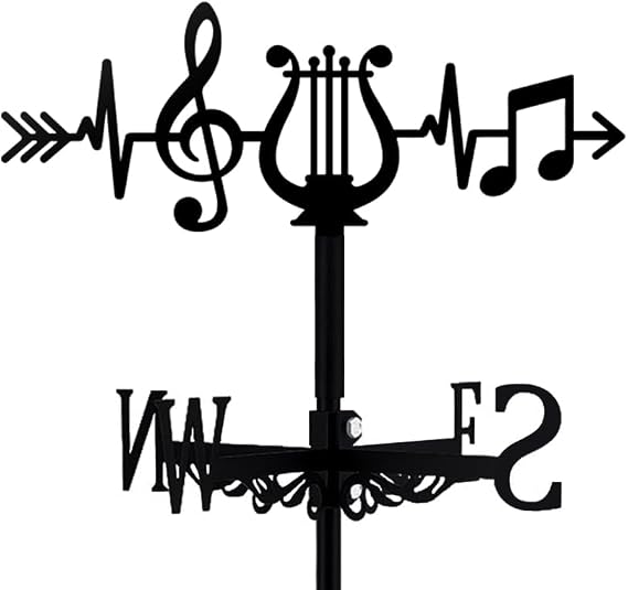 Harp Weather Vane Black Metal Wind Vanes Iron Wind Direction Indicator for Garden Farmhouse Chicken Coop Shed Decor Outdoor Wind Measuring Tool Weathervanes (Musical Notes)