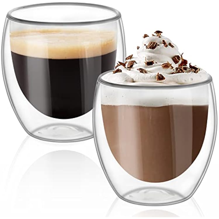 ComSaf Cappuccino Cup 8 oz, Glass Coffee Cups Set of 2, Double Walled Glass Coffee Mugs for Caramel Macchiato, Latte, Flat White, Lungo, Coffee Mug Set Gift for Christmas, Birthday