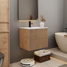 eclife 24" Floating Bathroom Vanity with Sink Combo, Modern Wall Mounted Cabinet with 2 Fluted Drawers, Undermount White Sink, Faucet, Drain, Mixed Natural