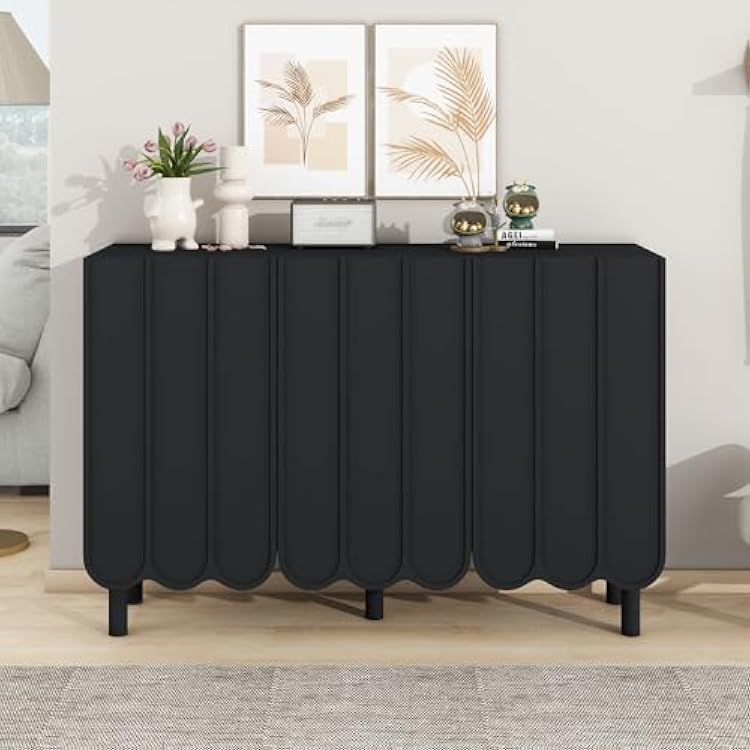 Shoe Cabinet with Doors, Shoe Cabinet with Adjustable Shelves, with 5 Solid Wood Legs, Large Storage Cabinet with Wave Doors for, Hallway, Living Room. Black, 47.2 x 13.7 x 31.4 in