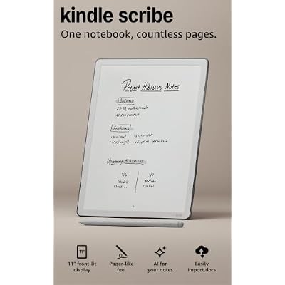 Amazon Kindle Scribe 32GB (newest model) 11 paper-like display with front light Thinner, lighter, faster Write in notebooks, documents, and books. Includes Premium Pen - Graphite + 3 months of Kindle Unlimited (with auto-renewal)