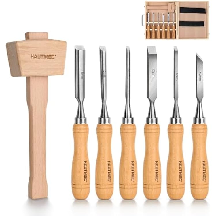 HAUTMEC 7-Piece Wood Chisel Set with Wooden Mallet, CR-V Steel Beveled Gouge Tools with Beech Handles and Storage Box, Wood Carving Kit for Woodworking & DIY - HT0393