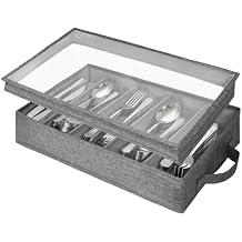 Grekos Flatware Utensil Storage Case, Silverware Storage Box with 4 Adjustable Dividers and Removable Lid, Cutlery Case Utensil with 5 Compartment Storage for Spoon Fork Knives Tableware (Gray)