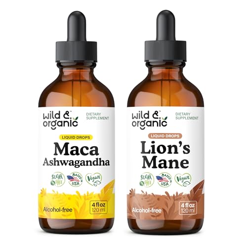 Wild & Organic Maca Ashwagandha Tincture 4 fl oz & Lions Mane Tincture 4 fl oz