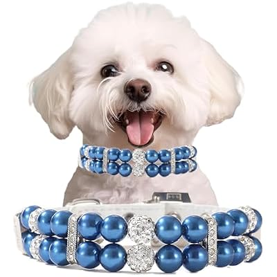 Blue Pearl Puppy Collars, Pearl Cat Collar PU Leather Male Dogs Necklace with Crystal Diamond Rhinestone Jewlled for Kitten XS Small Medium Dogs Wedding & Birthday Gift,XS