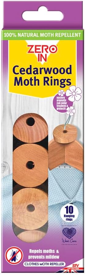 Zero In Cedarwood Moth Repellent Ring - 10-Pack. Made from 100% Natural Eastern Aromatic Red Cedar for Effective, Long-lasting, Chemical-free Control. Place in Wardrobes, Drawers and Cupboards