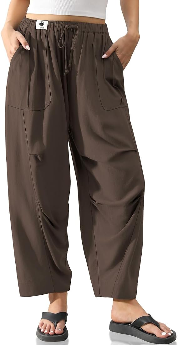 TARSE Womens Linen Casual Pants Loose Fit Drawstring Waist Straight Leg Trousers Beach Travel Vacation Clothes with Pockets
