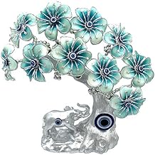 Blue Evil Eye Turkish Nazar Lucky Forutne Tree Bonsai with Elephant Home Office Decor Ornament (Silver-Blue)