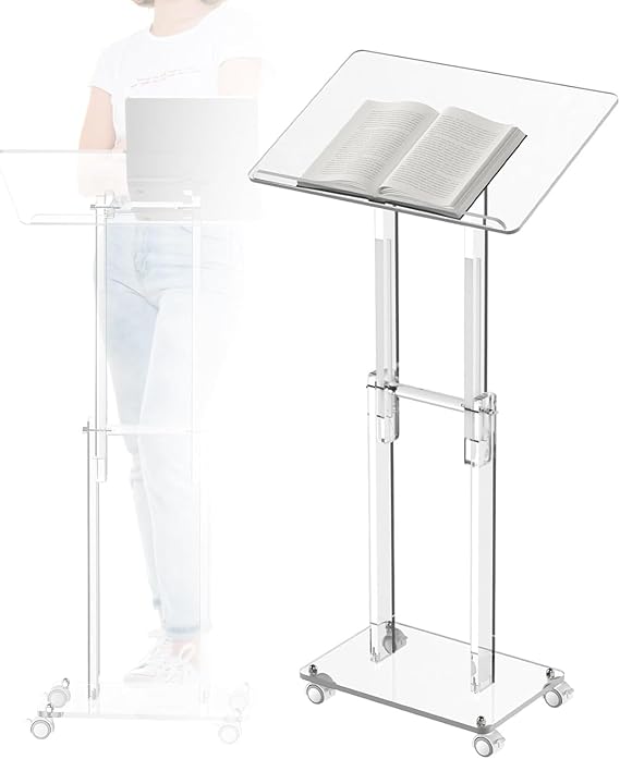 Acrylic Podium Stand Portable Podium Stand Rolling Desk Adjustable Height Pulpits For Classroom, Weddings, Churches, Speech, With Storage Shelf, Metal Base