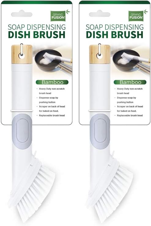 Grand Fusion Soap Dispensing Dish Brush with Bamboo Handle, Dish Scrub Brush with Scraper and Non-Scratch Bristles, Pack of 2