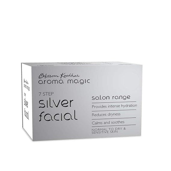 Aroma Magic Silver Facial Kit | 7 Step Facial with Cleanser, Enzyme Gel, Serum, Protein, Sheen Gel & Face Pack | Hydrates & Soothes Dry Skin | Salon-Like Glow at Home | Multi Use Pack