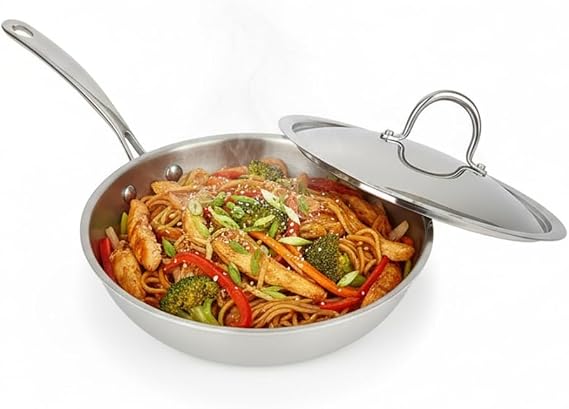 Stainless Steel Fry Pan Clad Base Frying Pans for Even Heating, Premium Cookware for Induction,(Silver) (26 Cm)