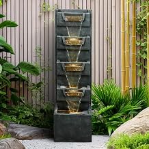 SunJet 39.7 Indoor/Outdoor Garden Water Fountain with Led Lights, 5-Tiers Modern Floor-Standing Cascading Water Feature for Home Deck, Patio, Porch, Yard Decor