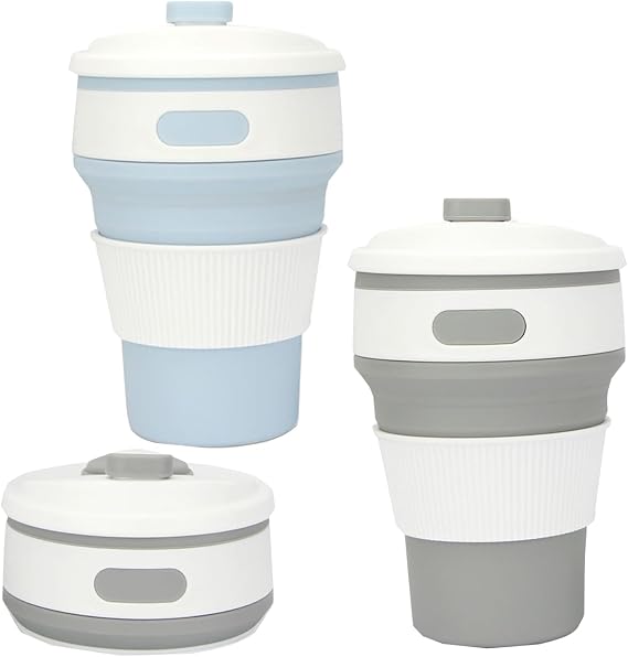 2 Pack Collapsible Cup,Travel Mugs For Hot Drinks,Reusable Travel Cup,Collapsible Coffee Cup With Lid,Collapsible Cups For Travel,Foldable Cup For Picnic,Hiking,Camping, Travel,Office(1Grey+1Blue)