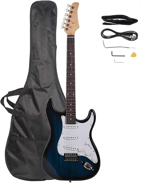 Blue Shield Electric Guitar.ST Stylish Electric Guitar with Black Pickguard.Audio Bag Strap Paddles Rocker Connector Wrench Tools