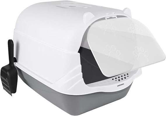 Large Cat Litter Tray Toilet Box with Charcoal Filter, High Sided Rim Big Extra Spacious, Cat Litter Scoop, Flap Door, Detachable Rim Rounded Corners Fully Enclosed Portable Cats Toilet, 51x37x36cm