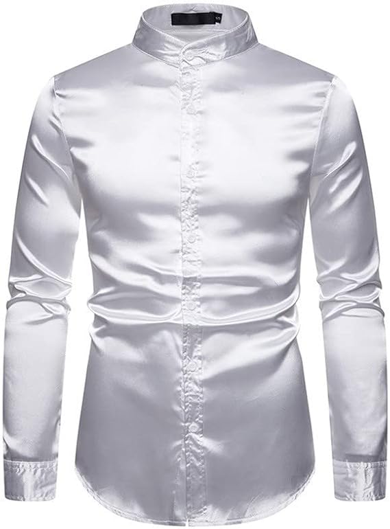 Mens Banded Collar Metallic Glossy Slim Fit Long Sleeve Button Down Shirt