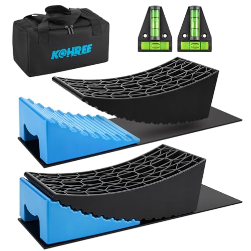 Kohree RV Leveling Blocks, Up to 35,000 lbs, Upgrade 2 Packs Sturdy RV Curved Levelers with 2 Blue Chocks, 2 Non-Slip Mats, 1 Carrying Bag, Camper Leveler for Travel Trailers, 4 Max Leveling Height