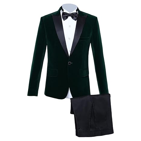Men's Slim Fit 2 Piece Suit Set Peaked Lapel One Button Tuxedo Suits Velvet Party Dinner Jacket Pants & Tie Sets (Dark Green,Medium)