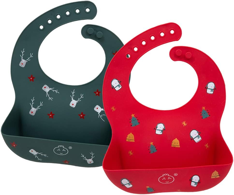 Little Dimsum Baby Apron, Silicone, Meal Apron, Silicone, Soft Bibs Set of 2, Waterproof, Portable, Easy to Clean, Size Adjustable, Lightweight, Bib, Large Saucer, 0-3 Years Old Christmas