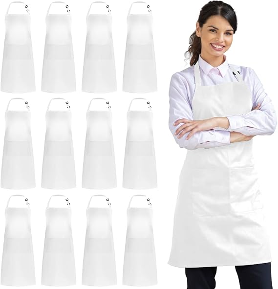 Syntus 12 Pack Apron with 2 Pockets Aprons for Men Women, Thicker, White