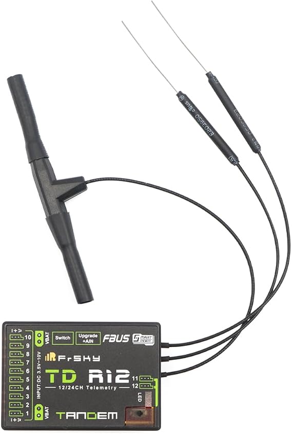 FrSky Tandem TD R12 Dual-Band 2.4GHz/900MHz 12CH Receiver with Triple Antenna, Dual Power XT30 Input, Built-in Power Switch, Black Box, OTA Update, SBUS/FBUS/S.Port for RC Models