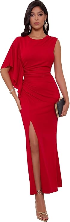 Angel-fashions Women's Elegant Evening Gown Flowy Asymmetrical Sleeve Draped Waist and Slit Formal Dress for Weddings Party