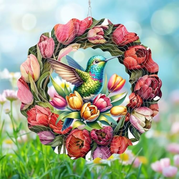 Hummingbird Wind Spinners Outdoor 3D Stainless Steel Hanging Wind Spinner Metal Garden Art with Intricate Floral Design 10 inches Bird Kinetic Sculpture for Patios Yards Garden and Indoor Spaces