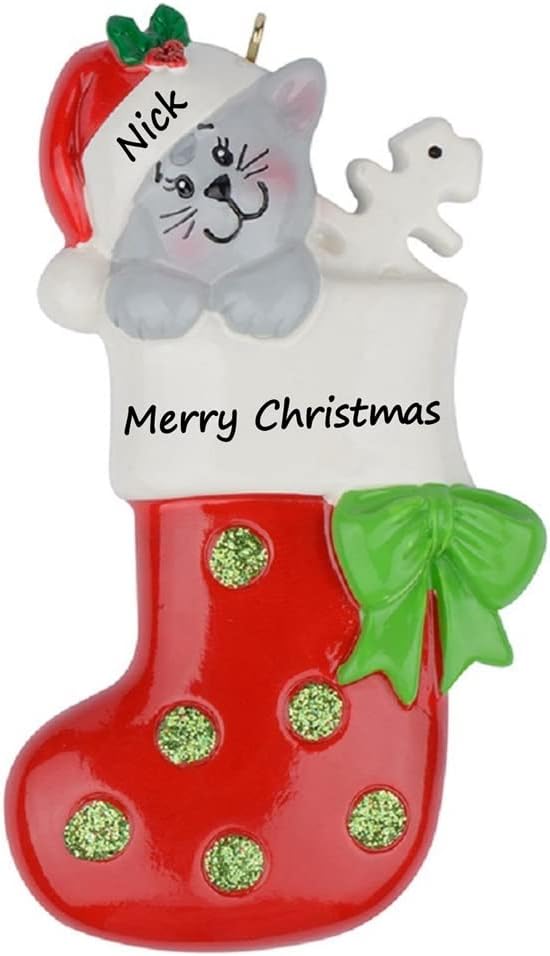 Cat Stocking Christmas Ornament 2026, Personalized Kitty Christmas Ornament with Custom Name, Kitten First for Cat Lovers