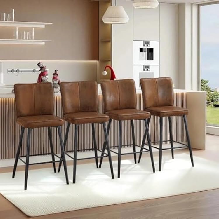 JUFU Brown Bar Stools Set of 4,24 Inch Counter Height Bars Tools with Wide Backs,Modern Kitchen Island Chairs Set of 4 with Upholstered Leather Cushion Set 4